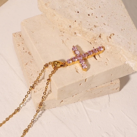 18K Gold Plated Pink Cubic Zirconia Cross Pendant Necklace - Picture 3 of 7